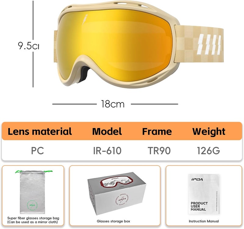IPOA -Spherical Ski Goggles – PC Lens, TPU Frame, UV400 Protection, Anti-Fog Inner Lens, Snowboard & Skiing Eyewear - Image 3